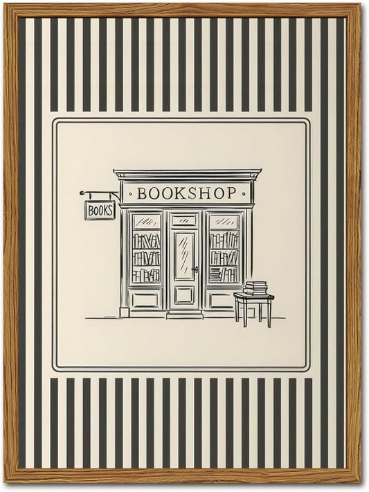 Vintage Striped Bookshop Wall Art, Retro Black and White Pictures Wall Decor College Minimalist Canvas Prints Paintings for Bathroom Bedroom Living Room 16x24 inch Framed