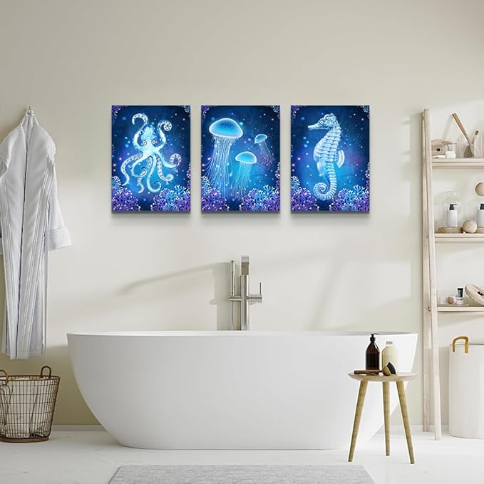 DZRWUBHS Large Wall Art For Living Room Bedroom Wall Decor Blue Ocean Life Theme Art Prints Wall Artworks Sea Animal Sea Horse Octopus Jellyfish Pictures Bathroom Modern Home Decor Painting Posters