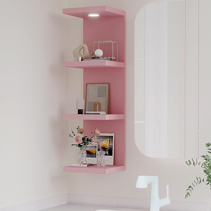 Versatile 4 Tier Wall Shelf Unit,Pink Lack Wall Shelf,Display Floating Shelf with LED Remote Control Light