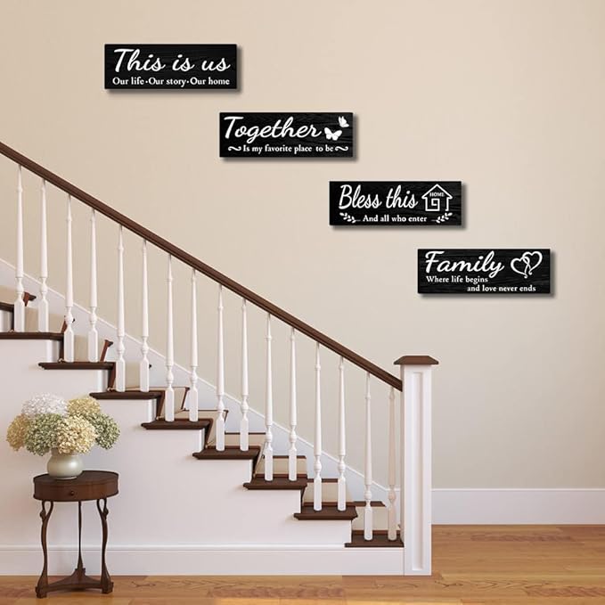 4 PCS Home Wall Decor Signs, Rustic Wooden Living Room Hanging Decorations with Quotes THIS IS US/TOGETHER/BLESS THIS/FAMILY, Housewarming Gifts for Wedding Kitchen