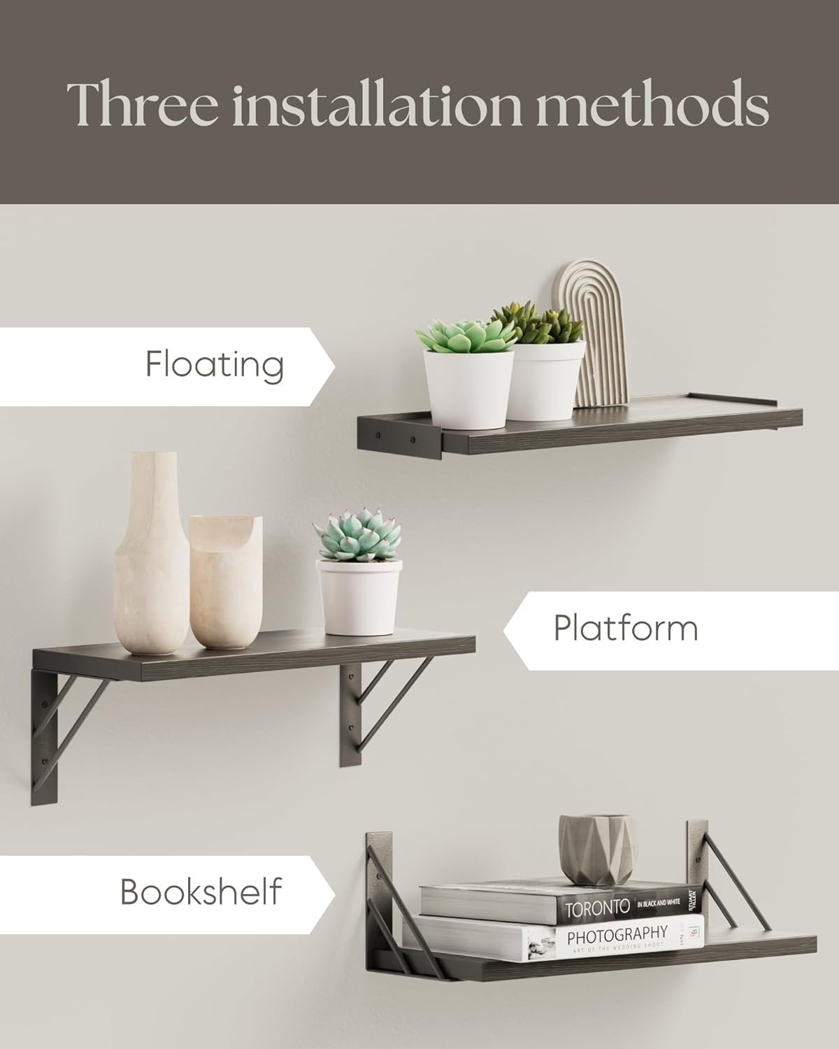 BAYKA Wall Shelves for Bedroom Decor, Floating Wall Shelves for Living Room Kitchen Storage, Wall Mounted Rustic Shelves for Kids Books, Corner Shelf for Bathroom(Carbonized Brown,Set of 4)