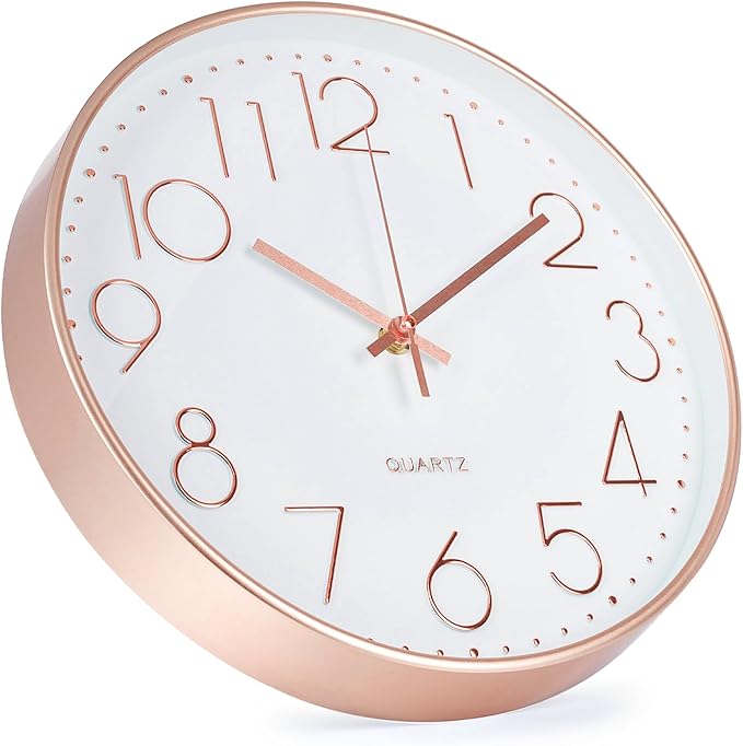 Wall Clock Non-Ticking Silent Modern Simple Style Round Decor Clock Stereoscopic Dial Quartz Wall Clocks for Home/Office/School/Living Room/Bedroom/Kitchen (Rose Gold, 8inch)