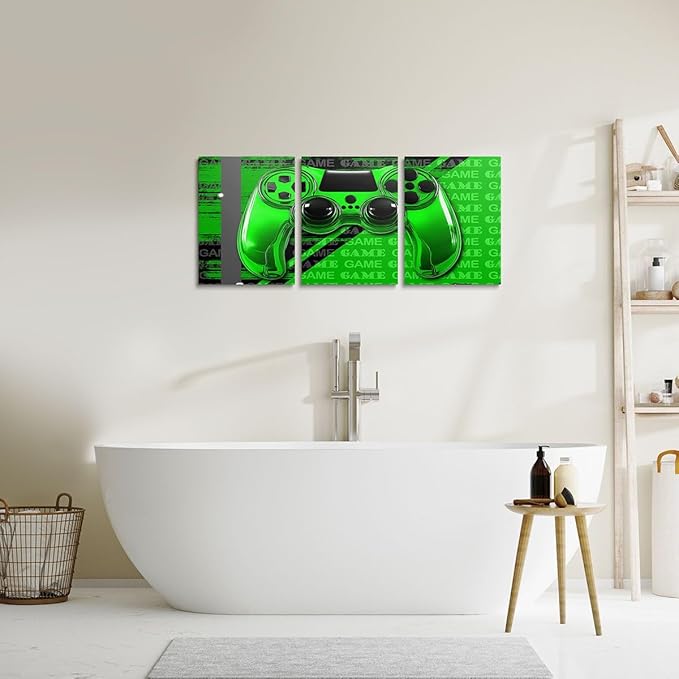 Feelyou Gamer Canvas Wall Art 12" x 16" 3 Piece Game Controller Office Wall Artwork Posters for Teens Adults Gaming Gifts Bathroom Wall Art for Home Gamepad Green and Black Wall Painting