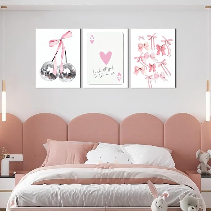 Trendy Pink Bows Wall Art Set of 3 Coquette Preppy Cherry Wall Decor Trendy Disco Ball Canvas Posters Prints Girly Aesthetic for College Apartment Living Room Bedroom Framed 12x16 In