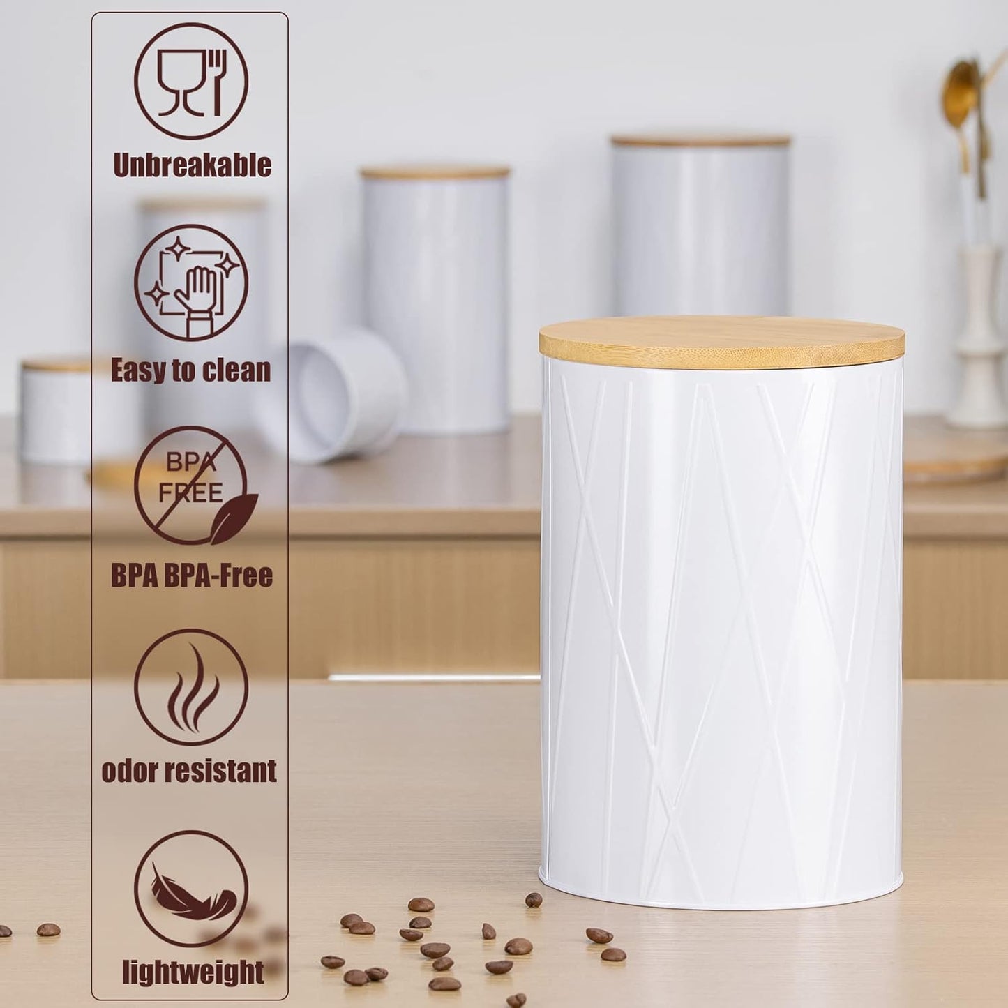 White Canister Sets for Kitchen Counter, Kitchen Canisters Set of 6, Flour and Sugar Containers, Coffee and Tea Storage, Modern Farmhouse Kitchen Decor