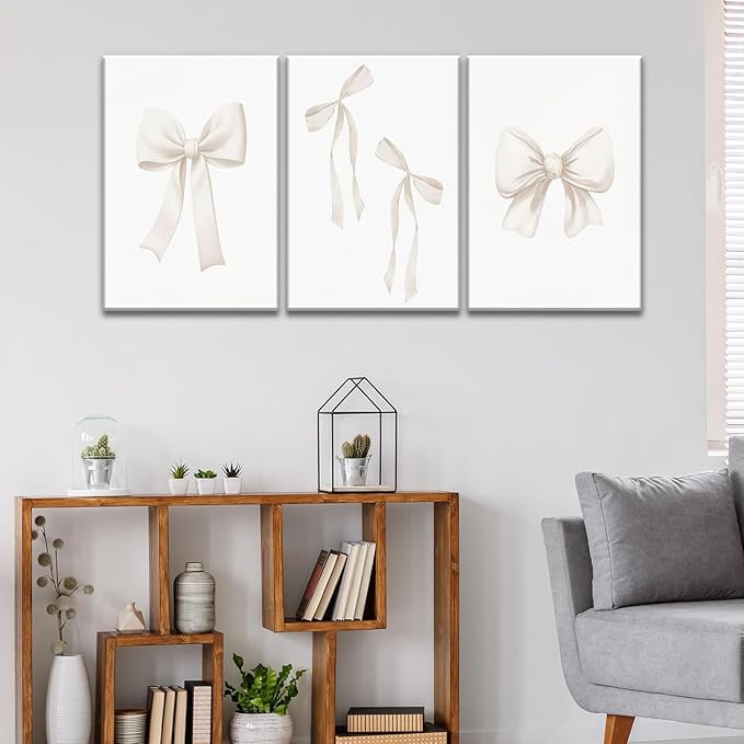 Djmwtb Coquette Beige Bow Wall Art Decor Posters, Cute Bow Bedroom Canvas Wall Art Decor Aesthetic for Teen Girls Room, Preppy Bow Pictures Wall Decor Paintings Prints, 16x24in Framed Set of 3