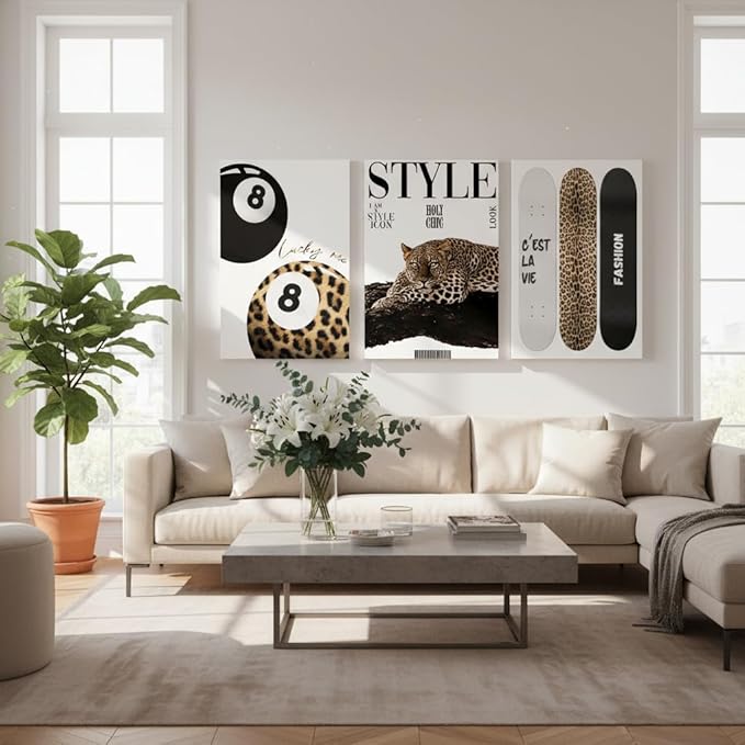 3Pcs Trendy Leopard Canvas Wall Art Preppy Aesthetic Stylish Leopard Painting Picture Wall Decor Funky Lucky 8 Ball Cheetah Poster Print Artwork for Bedroom Living Room Bathroom Home Decoration