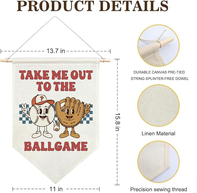 AGMDESIGN Take Me Out To The BallGame Pennant Flag Banner, Vintage Baseball Bedroom Decor, Funny Sports Nursery Decor for Toddler Kids Bedroom Classroom, Ballgame Lovers Gifts for Boys Son Grandson
