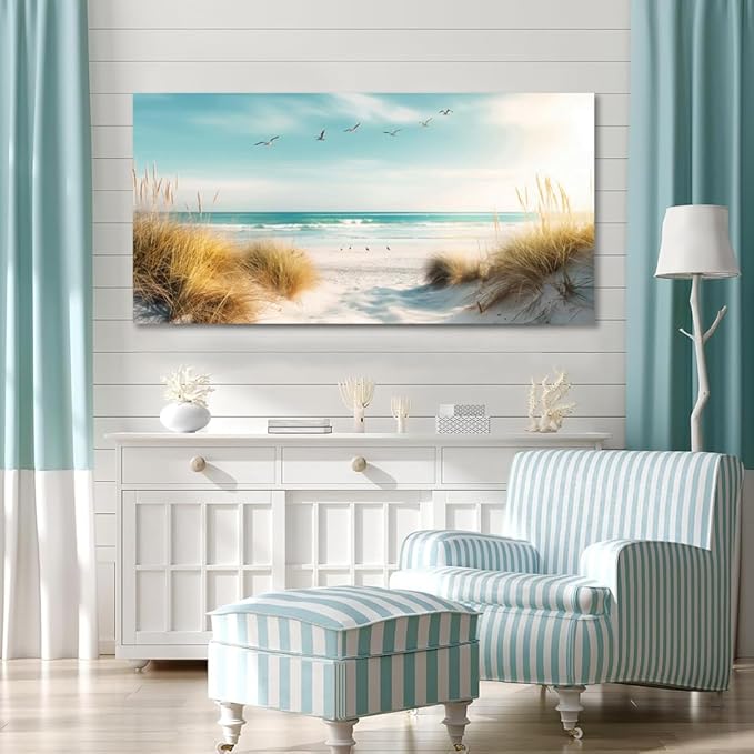 Beach Canvas Wall Art Decor Large Ocean Pictures Prints for Living Room Coastal Path Painting Seascape Artwork Beach Reeds Landscape for Bedroom Bathroom Home Office Decorations(24"×48")