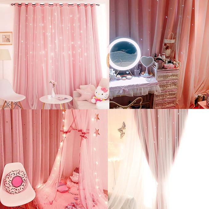 UNISTAR 2 Panels Stars Blackout and Sheer Curtains for Bedroom Girls Kids Baby Room, Double Layer Star Cut Out Living Room Window Curtain, W34 x L63 Inch Length, Pink
