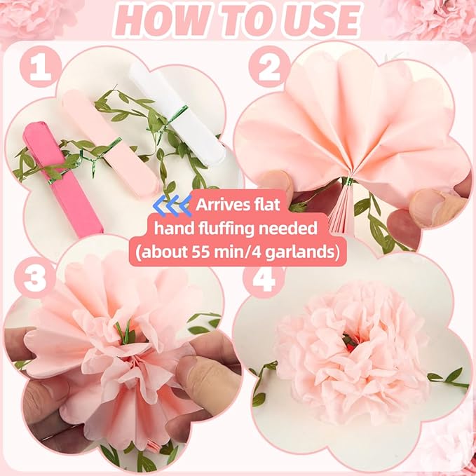 4 Pcs Gradient Pink Tissue Paper Pom Pom Garlands, Paper Flowers for Birthday Decorations, Baby Shower, Wedding Engagement, Bridal Shower, Spring Summer Party Decorations