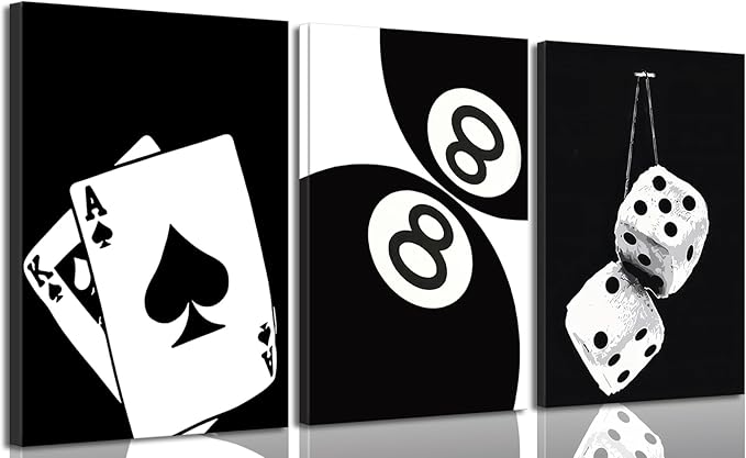 BOKPEN 3Pcs Black and White Poker Dice Canvas Wall Art Lucky You Poster Prints Trendy Funky Preppy Y2K 8 Ball Pictures Artwork Aesthetic Painting for Game Room Apartment Dorm Decor 16x24in canvas