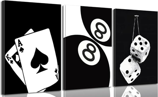 BOKPEN 3Pcs Black and White Poker Dice Canvas Wall Art Lucky You Poster Prints Trendy Funky Preppy Y2K 8 Ball Pictures Artwork Aesthetic Painting for Game Room Apartment Dorm Decor 16x24in canvas