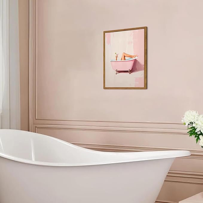 Funny Pink Girl Bathroom Wall Art, Cute Girly Bathtub Wall Decor Painting Trendy Pastel Woman and Martini Bathroom Poster Canvas Print Artwork 12x16 inch Framed