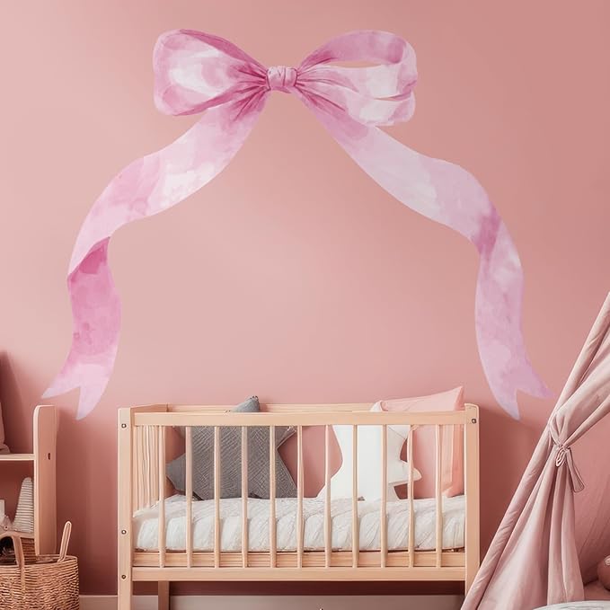 59 x 45 Inch Large Pink Bow Wall Stickers Peel and Stick Coquette Girl Room Decor Large Watercolor Bow Stickers Preppy Waterproof Vinyl Decals Wall Decor for Girl Room Nursery Kindergarten