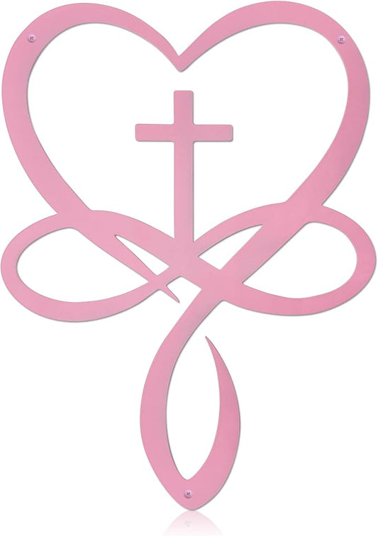 Metal Infinity Heart Cross Wall Decor, Unique Cross Decorative Wall Art, Heart And Love Sign Wall Plaques, Love Gift For Adult Home Wedding Decor Room Bedroom Living Room Decoration（Pink)
