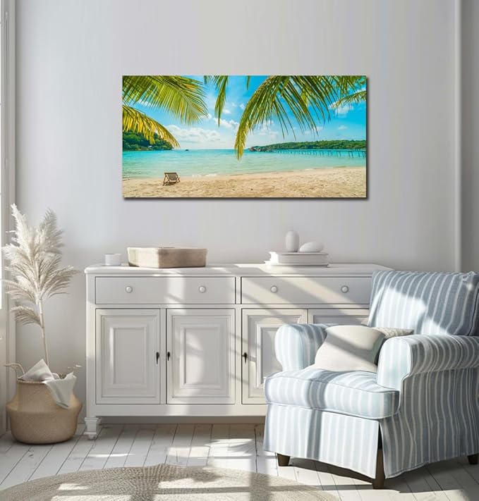 Beach Wall Art Decor Tropical Ocean Canvas Picture for Living Room Blue Seascape Painting for Bedroom Coastal Theme Landscape for Home Office Decorations Ready to Hang(20"*40")