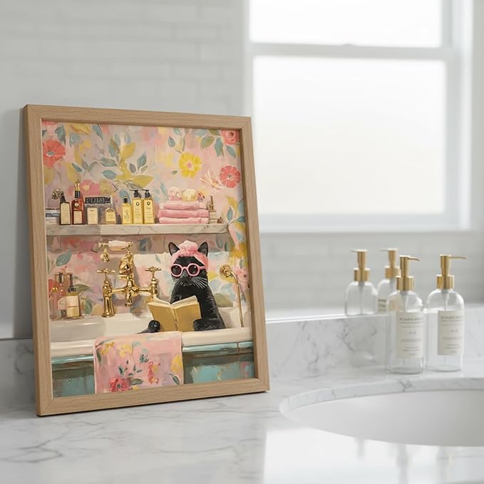 Funny Black Cat Bathroom CanvasWall Art Elegant Cat Bathtub Print Decor Humorous Girly Pink Artwork for Bedroom Restroom Powder Room Office 8x10inch Framed