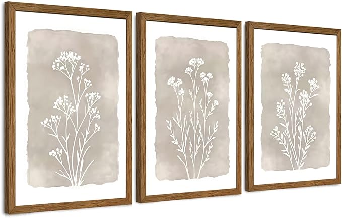 JLTULT 3 Piece Boho Beige Floral Wall Art, Minimalist Line Botanical Flower Wall Decor, Vintage Rustic Wildflower Art Prints for Living Room Bedroom Office Farmhouse decoration 20x30 in Ready to Hang