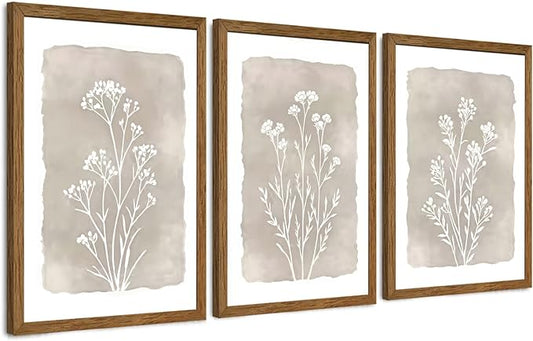 JLTULT 3 Piece Boho Beige Floral Wall Art, Minimalist Line Botanical Flower Wall Decor, Vintage Rustic Wildflower Art Prints for Living Room Bedroom Office Farmhouse decoration 20x30 in Ready to Hang