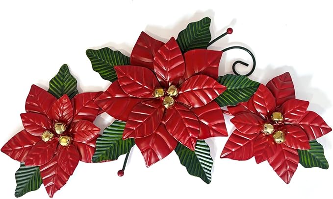 LIFFY Christmas Wall Decor Metal Poinsettia Christmas Decorations Wall Art Hanging for Indoor/Outdoor, Xmas Holiday Festive Centerpiece Decor for Living Room, Bedroom, Porch, Garden- 15" Long