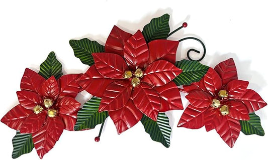 LIFFY Christmas Wall Decor Metal Poinsettia Christmas Decorations Wall Art Hanging for Indoor/Outdoor, Xmas Holiday Festive Centerpiece Decor for Living Room, Bedroom, Porch, Garden- 15" Long