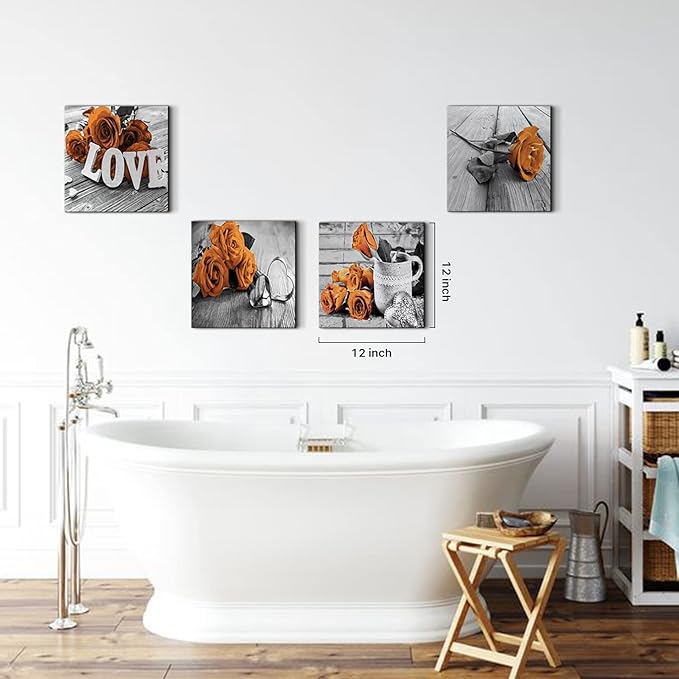 Black and White Wall Art Burnt Orange Rose Wall Decor for Kitchen Dining Room Rustic Flower Pictures Canvas Prints Romantic Love Sign Theme Paintings Modern Artwork Accessories Home Decorations 24x24”