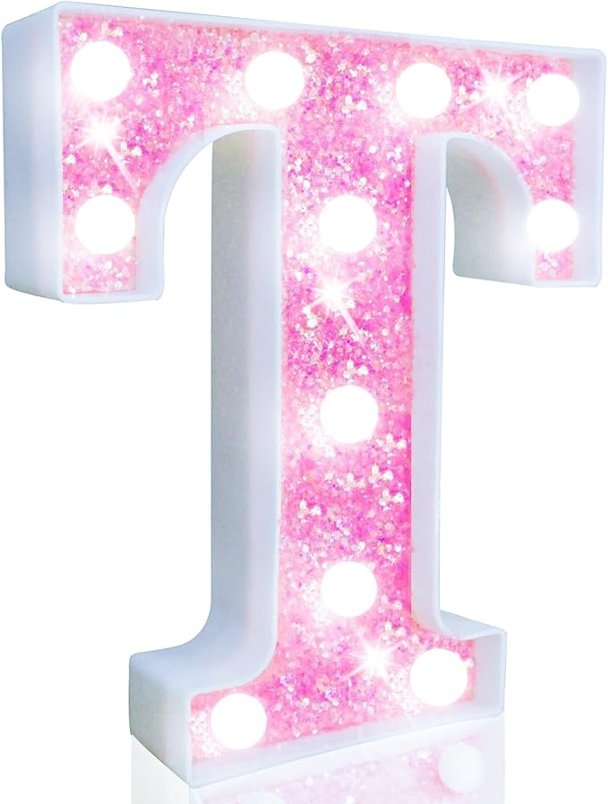 Pooqla LED Marquee Letter Lights, Light Up Letters Glitter Letter Sign Girls Gift, Battery Powered Night Light Pink Birthday Party Room Wedding Christmas Girls Bedroom Dorm Decoration, Cool White T