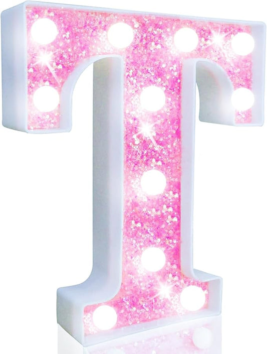Pooqla LED Marquee Letter Lights, Light Up Letters Glitter Letter Sign Girls Gift, Battery Powered Night Light Pink Birthday Party Room Wedding Christmas Girls Bedroom Dorm Decoration, Cool White T