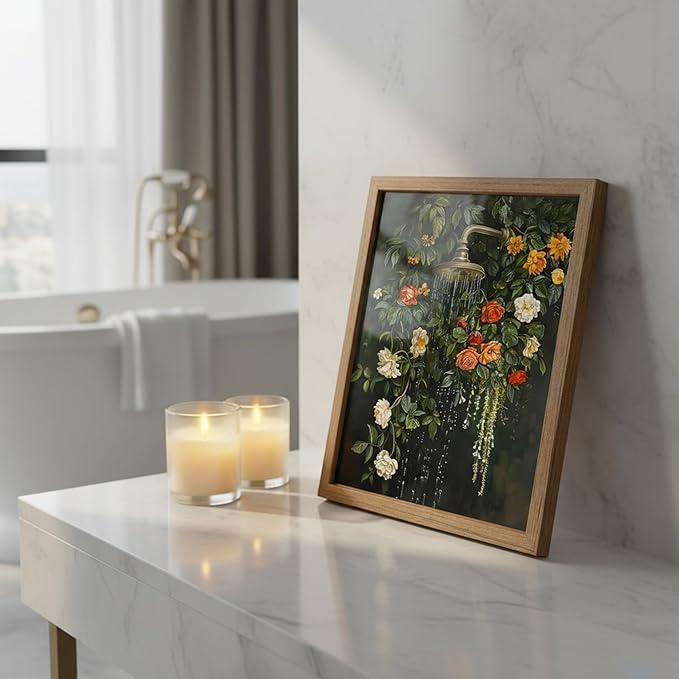 Framed vintage floral wall art Green Botanical Flowers Waterfall Bathroom Wall Decor Boho Spa Aesthetic Flower Artwork for Bathtub Shower Walls Small Bathroom Home Living Room 8x10 inch
