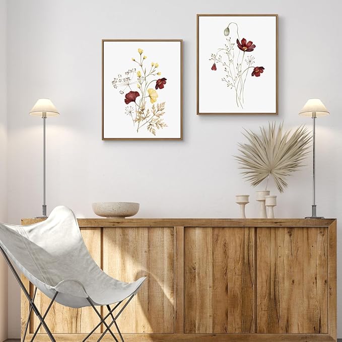 Watercolor Botanical Wall Art Prints Burgundy and Yellow Flower Pictures Wall Decor Colorful Floral Plants Painting Framed Aesthetic Poster for Home Office Kitchen Decoration 2 Pieces Set - 11x14 Inch