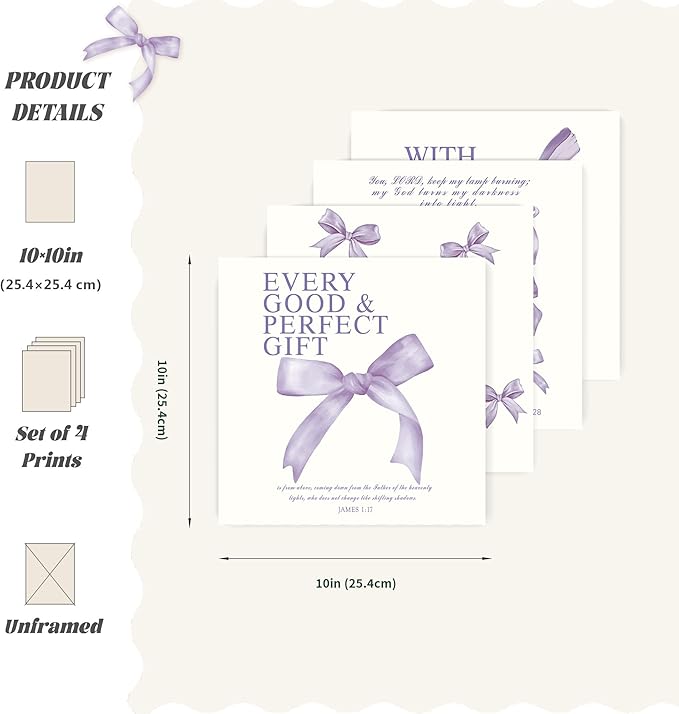 LARTSFRO Coquette Purple Bow Wall Art Decor Posters, Purple Bow Room Bedroom Bathroom Dorm Wall Art Decor Aesthetic for Teen Girls Gifts, Inspirational Bible Verses Bow Wall Decor, 10x10 Inch Set of 4 Pcs Bow Pictures (UNFRAMED)