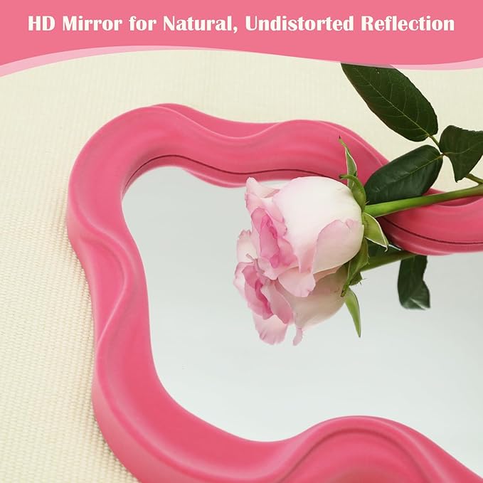 Wavy Mirror Wall Decor for Living Room, Asymmetrical Wall Mounted Mirror for Girly Bedroom Decoration, Velvet Touch Decorative Tray Home Accent for Dining Room Kitchen (Pink)