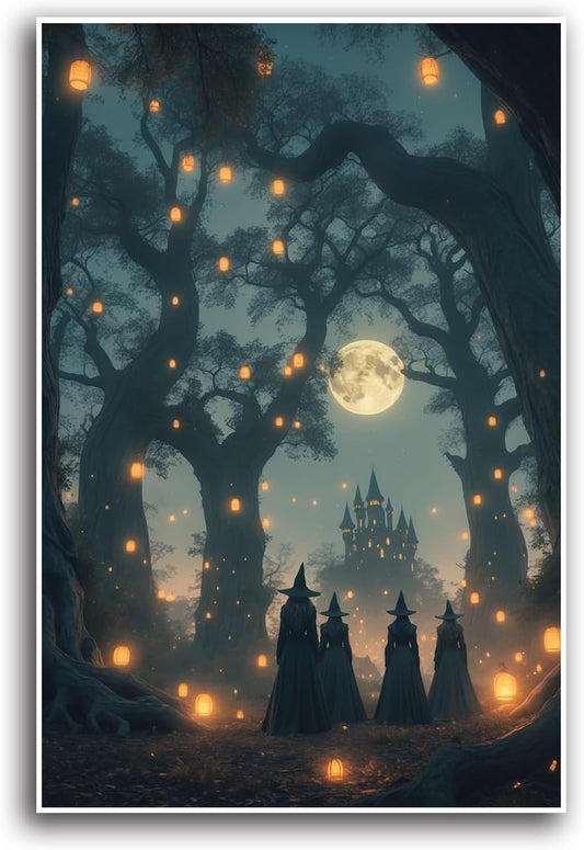 JFHCQJPK Mysterious creek painting witch and castle in magic forest art print canvas gothic print dark college decoration poster for home bedroom28x40in Frameless