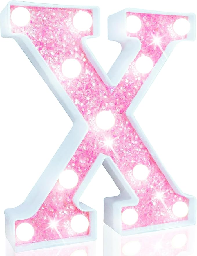 Pooqla LED Marquee Letter Lights, Light Up Letters Glitter Letter Sign Girls Gift, Battery Powered Night Light Pink Birthday Party Room Wedding Christmas Girls Bedroom Dorm Decoration, Cool White X
