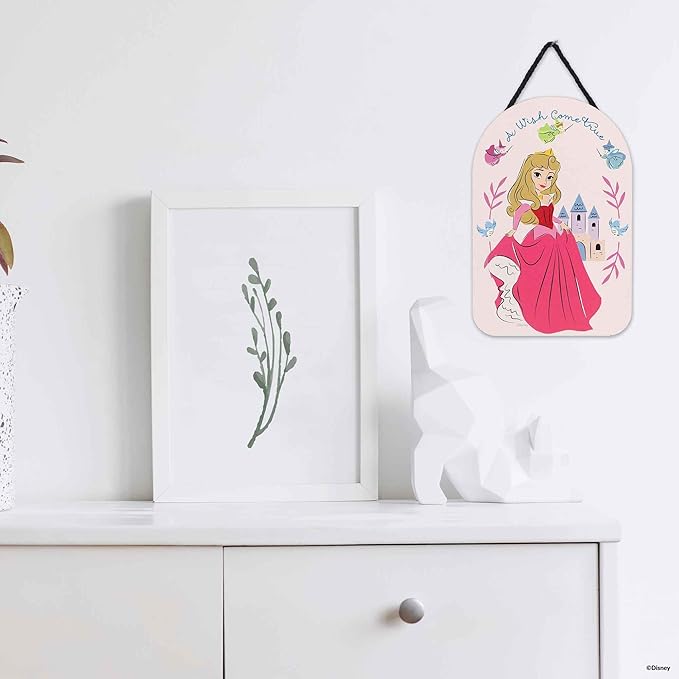 Disney Sleeping Beauty A Wish Come True Hanging Wood Wall Decor - Pretty Aurora Sign for Kids' Bedroom or Nursery