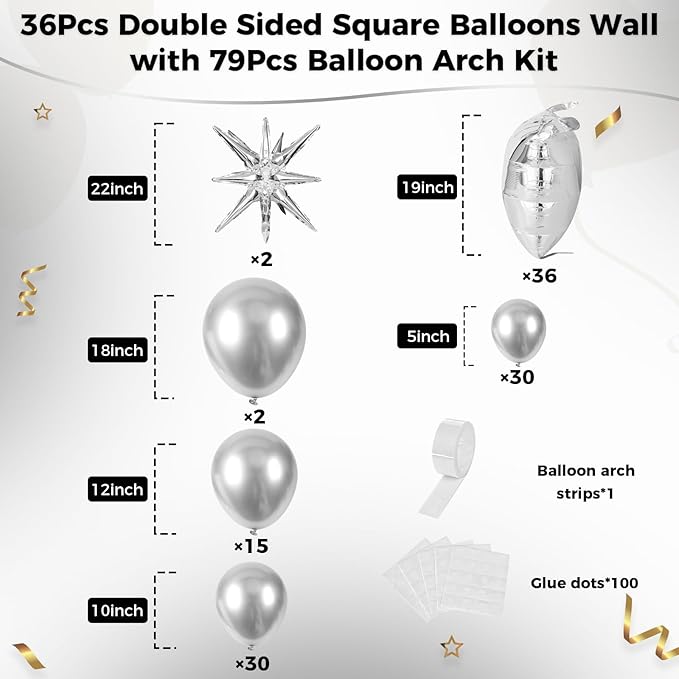 36pcs Metallic Silver Square Foil Balloons Wall Backdrop with 79pcs Balloon Garland Arch Kit, Double Sided Balloon for Bachelorette Baby Shower Birthday Anniversary Graduation Party Decorations