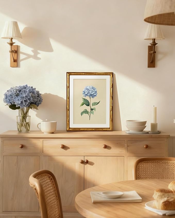 InSimSea Gold Bamboo Framed Canvas Wall Art, Vintage Hydrangea Flower Prints, Antique Moody Picture Frame with Mat, Victorian Home Wall Decor for Kitchen Dining Living Room Bedroom, 11x14inch