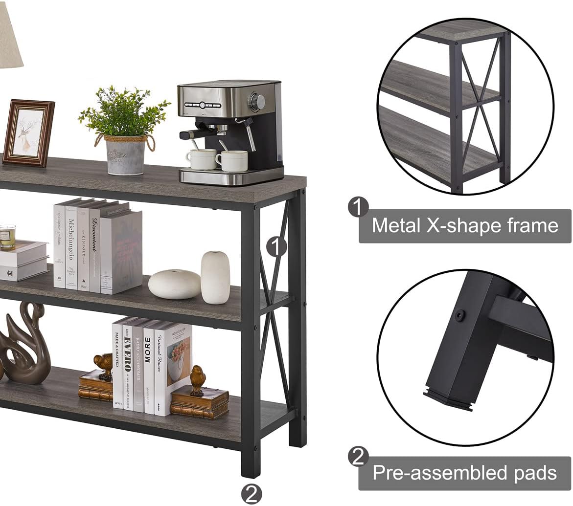BON AUGURE Rustic Sofa Table Behind Couch, Industrial Console Tables for Entryway, 3 Tier Wood Shelves Entry Table with Storage for Foyer, Hallway, Front Door (47 Inch, Dark Grey Oak)