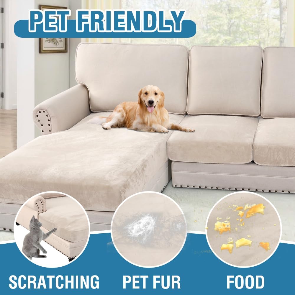 H.VERSAILTEX Velvet Stretch Sectional Couch Covers - 4 Piece Sofa Seat Cushions for L Shape Sectional Couch (Large 3 Seater + 1 Chaise, Ivory)