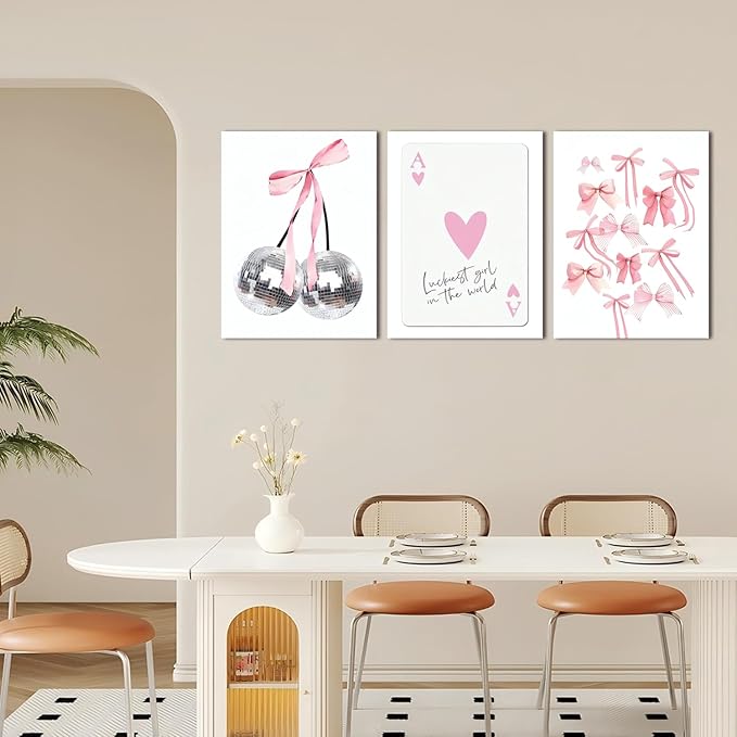 Trendy Pink Bows Wall Art Set of 3 Coquette Preppy Cherry Wall Decor Trendy Disco Ball Canvas Posters Prints Girly Aesthetic for College Apartment Living Room Bedroom Framed 12x16 In