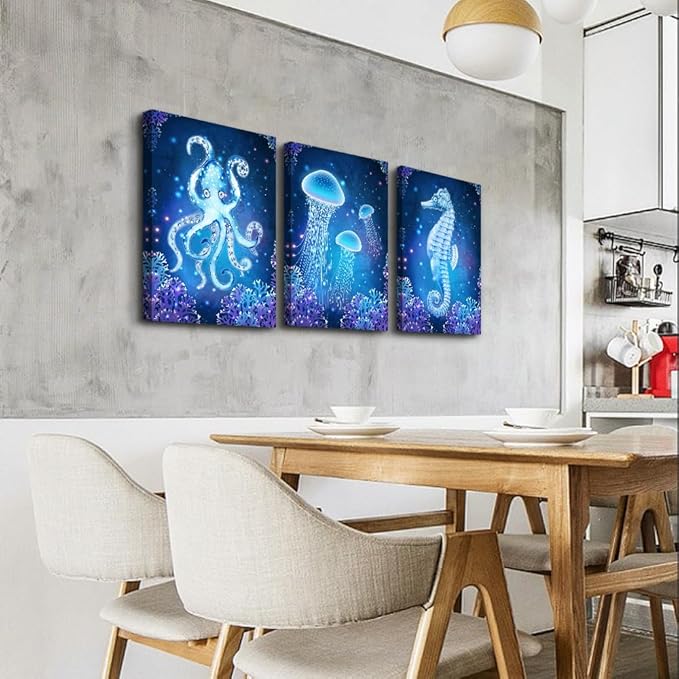DZRWUBHS Large Wall Art For Living Room Bedroom Wall Decor Blue Ocean Life Theme Art Prints Wall Artworks Sea Animal Sea Horse Octopus Jellyfish Pictures Bathroom Modern Home Decor Painting Posters