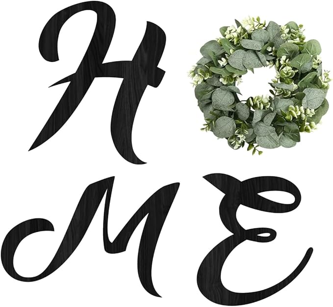 Wood Home Sign with Artificial Eucalyptus Wreath for O, Hanging Farmhouse Wall House Decor Wood Letters for Wall Art Rustic Home Decor, Wall Decor for Living Room Kitchen Entryway (Black)