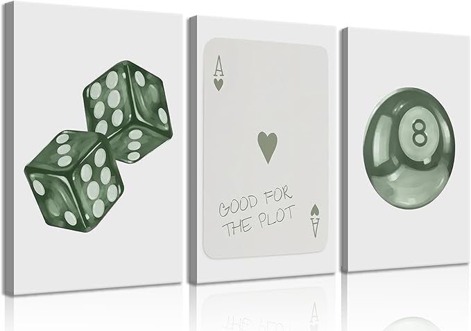 BOKPEN Green Poker Dice Canvas Wall Art Funky Y2K Trendy Preppy Pictures Lucky 8 Ball Poster Sage Prints Artwork Painting for Game Room Apartment Dorm Aesthetic Decoration 12x16in canvas