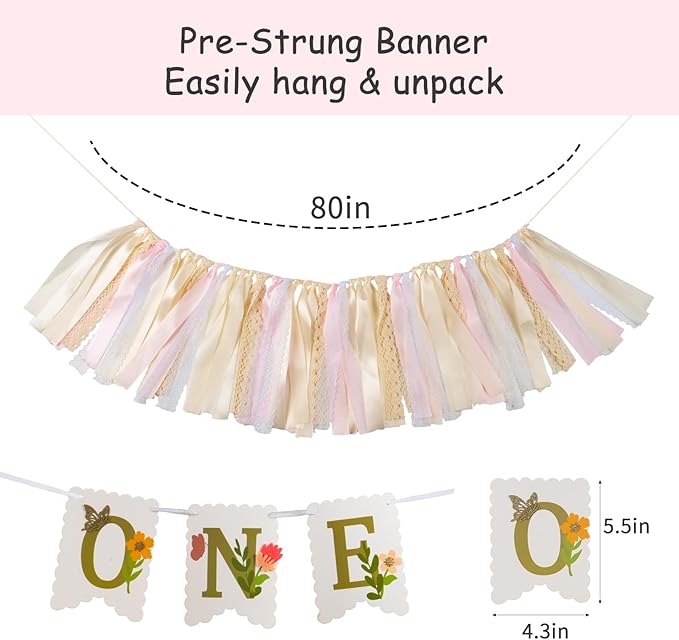 Blossom High Chair Banner with Flower & Butterfly- Floral "ONE" First Birthday Decor for Baby Girls, Little Fairy 1st Highchair Garland, Cake Smash Photo Prop