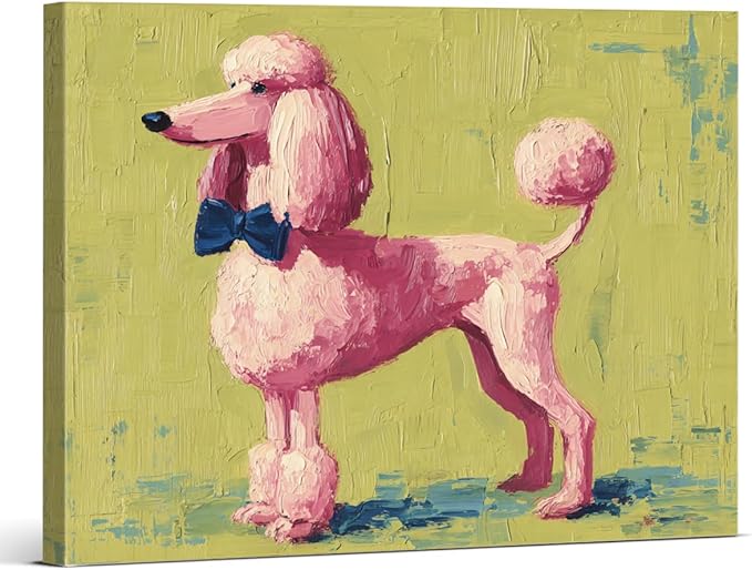 Vintage Pink Poodle Dog Wall Art Print Funky Cute Dog Picture Painting Artwork Aesthetic Wall Decor for Home Living Room Bedroom 8x10 Canvas Framed