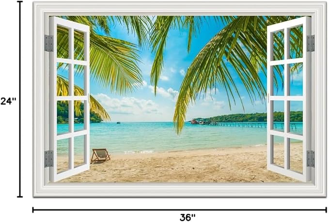 Beach Wall Art Decor Tropical Ocean Canvas Picture for Living Room White Window Frame Style Blue Seascape Paiting for Bedroom Coastal Theme Landscape for Home Office Decorations Ready to Hang(24"*36")