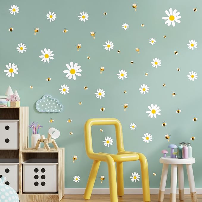 White Daisy and Bees Wall Stickers Easy to Peel and Stick Retro Flower Wall Decals for Girls Bedroom Nursery Living Room Office Floral Wall Decor