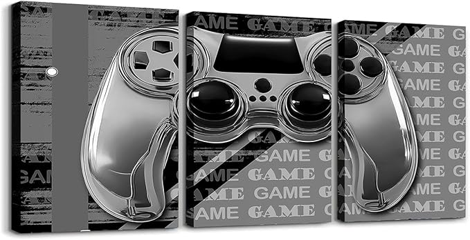 Feelyou Gamer Canvas Wall Art 12" x 16" 3 Piece Game Controller Office Wall Artwork Posters for Teens Adults Gaming Gifts Bathroom Wall Art for Home Gamepad Grey and Black Wall Painting
