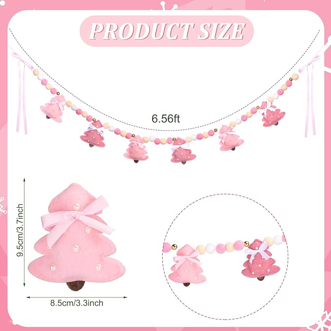 Pink Christmas Felt Garland 3D Coquette Bow Xmas Tree Pom Ball Banner Holiday Decorative Hanging Bunting Garland for Home Mantel Fireplace Window Wall Decor